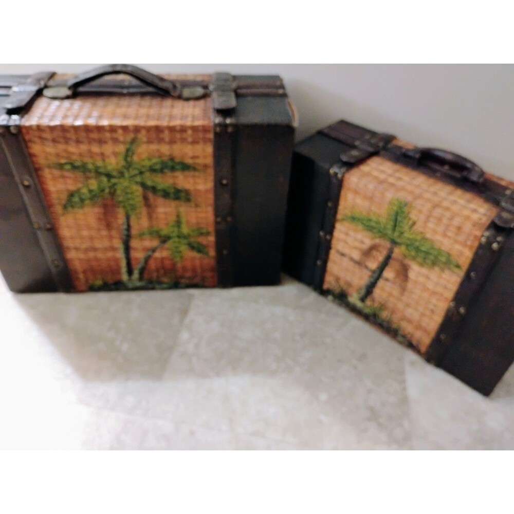 Vintage Hand-Painted Tropical Nesting Palm Tiki MCM Decor Trunk Set of 2 Shabby